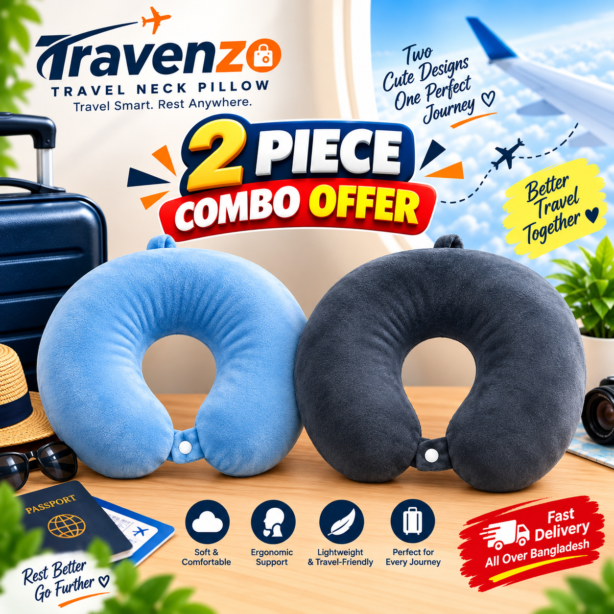 Solid Travelling nick pillow Combo 2 | Sky | Black