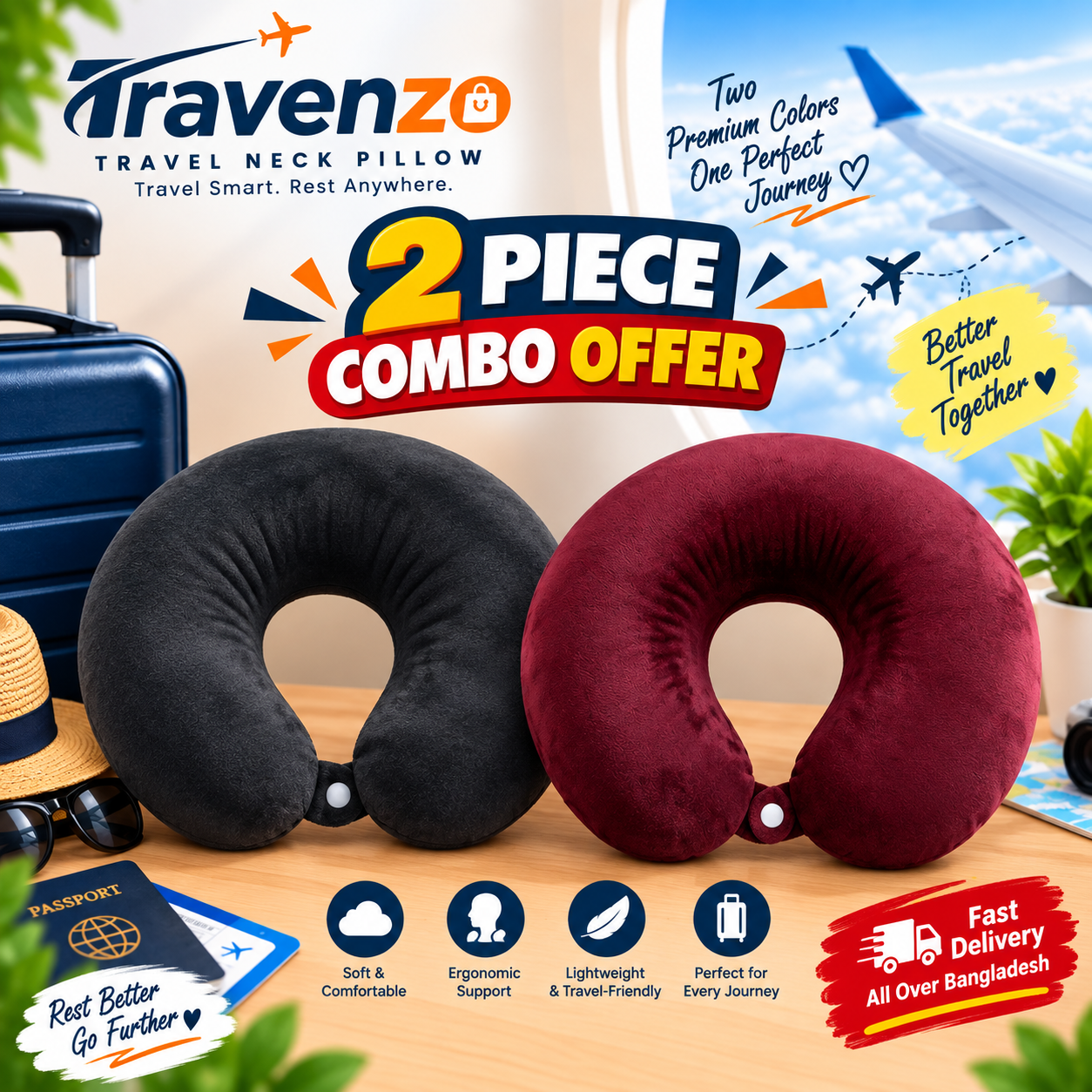 Solid Travelling nick pillow Combo 2 | Black | Maroon