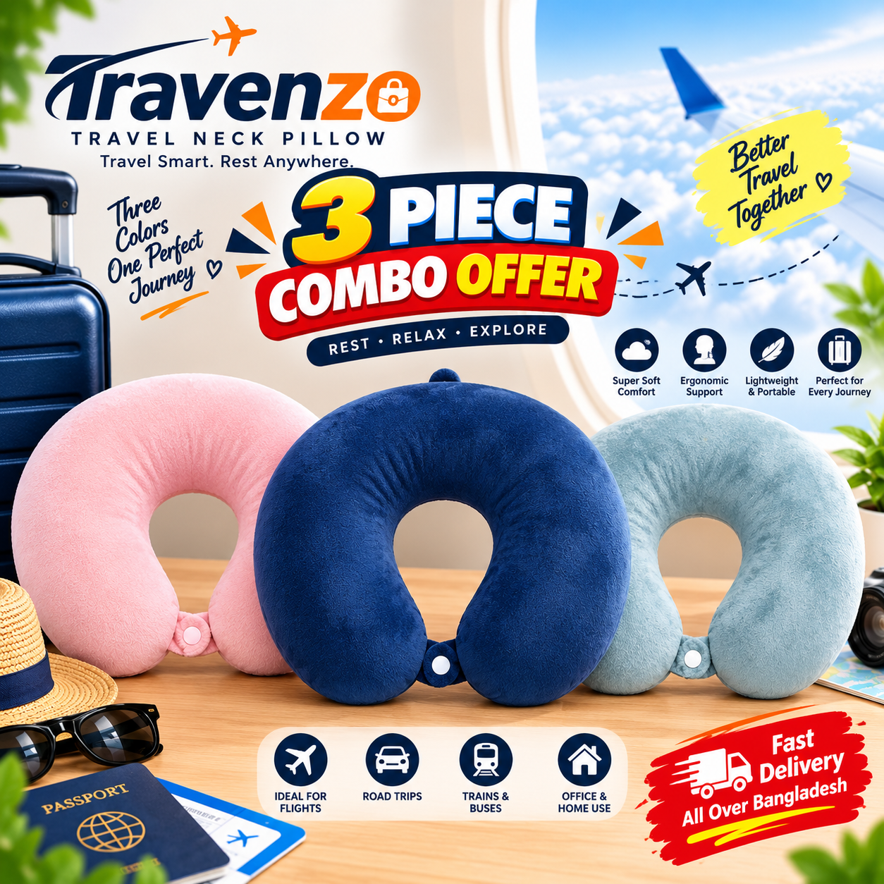 Solid Travelling nick pillow Combo 3 | Pink| Blue| Sky