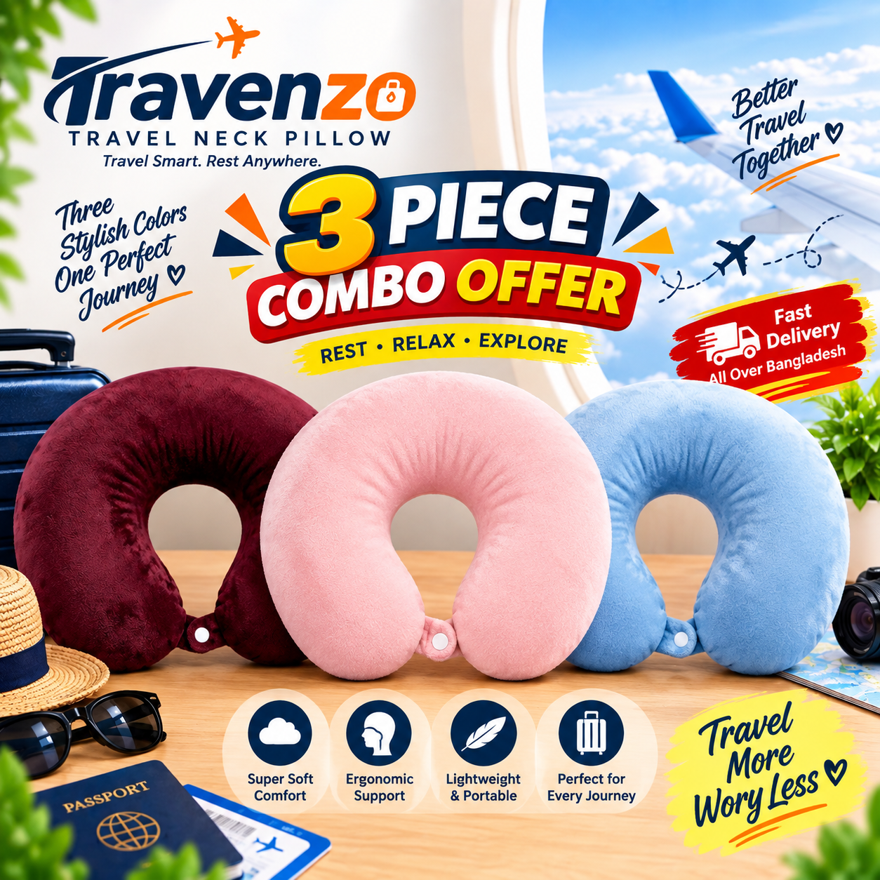 Solid Travelling nick pillow Combo 3 | Maroon| Pink| Sky