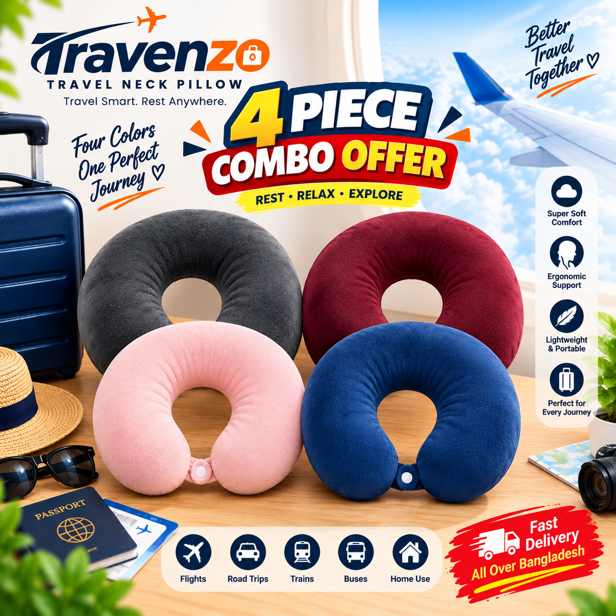 Solid Travelling nick pillow Combo 4 | Black| Maroon| Pink| Blue